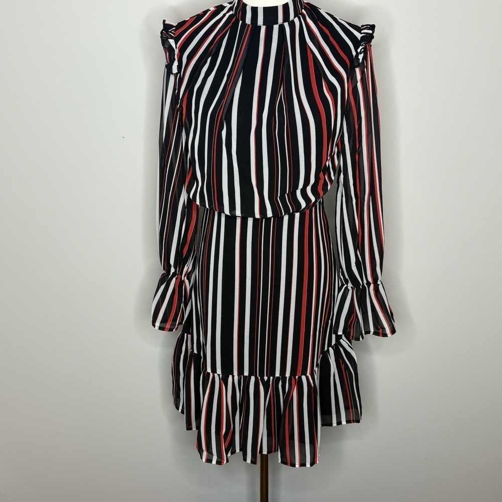 Area Stars Striped Long Sleeve Ruffle Mini Dress XS Black White Red